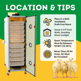 Hatching Time Cimuka. Image shows tips for where to keep incubator. Draft-free room at least 1.5 ft away from walls with a room temp between 59 and 86 degrees Fahrenheit. Image shows incubator and chicks.