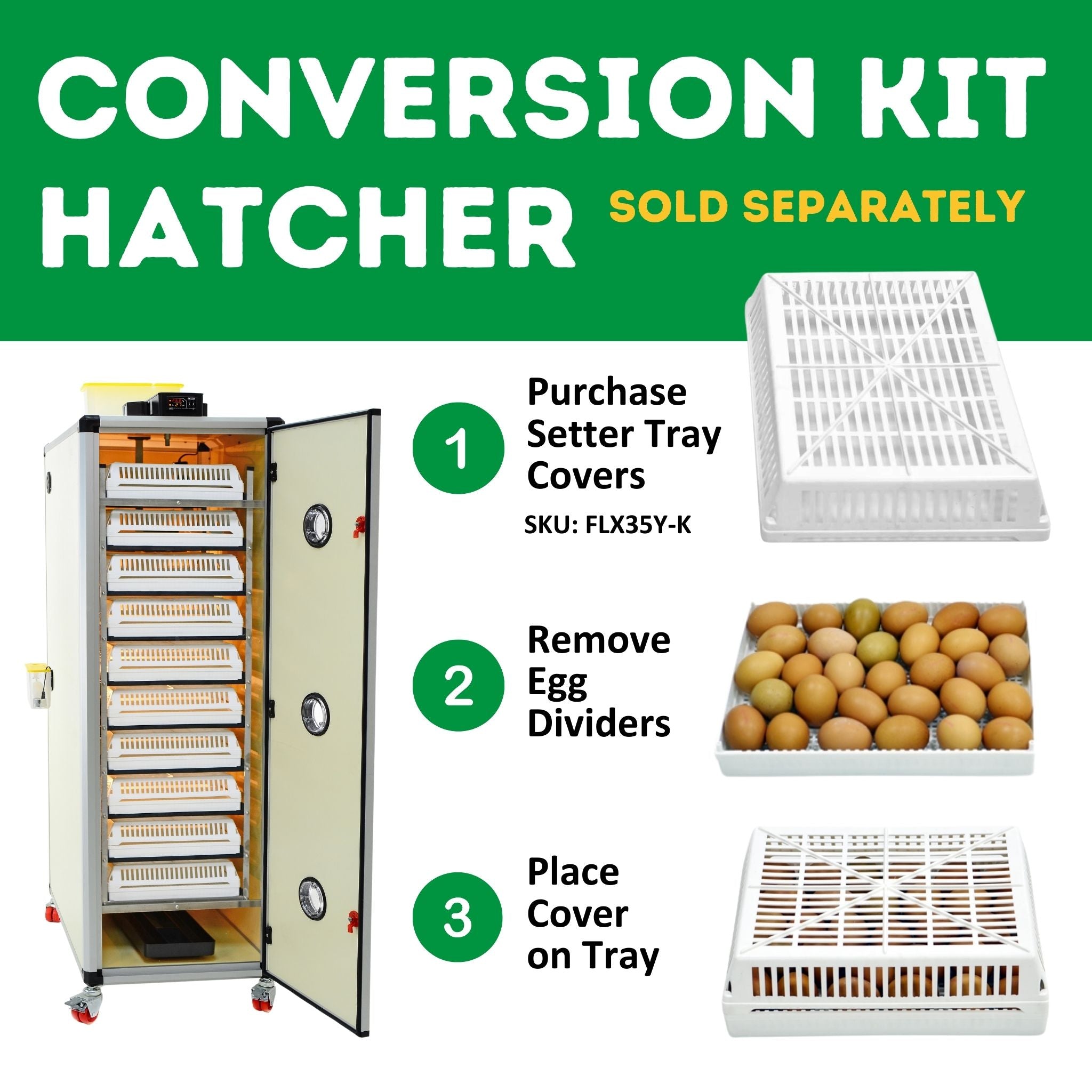 Hatching Time Cimuka. Infographic shows conversion kit hatcher (sold seperately) steps.