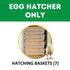 Hatching Time Cimuka. Image shows that 7 hatching baskets are included and that incubator is an egg hatcher only. A chick can be seen showing this incubator is for poultry.