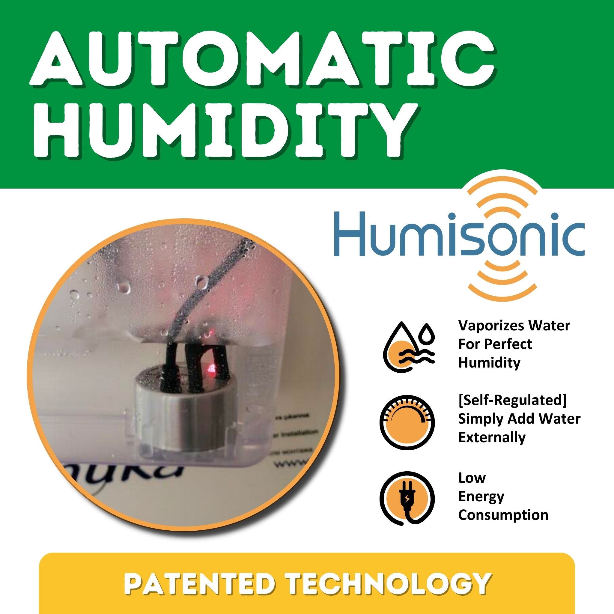Hatching Time Cimuka. Automatic Humisonic Humidifier is shown in image. Infographic shows patented technology for perfectly controlling humidity in incubator.