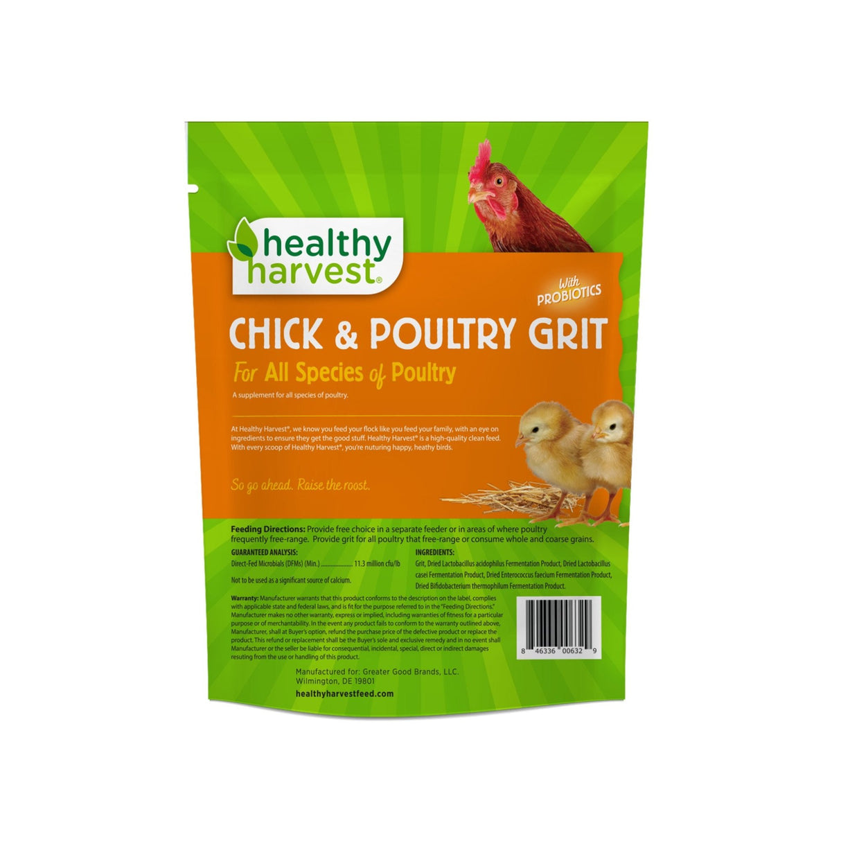 Hatching Time Healthy Harvest. Chick & Poultry Grit. Back of bag can be seen in image.