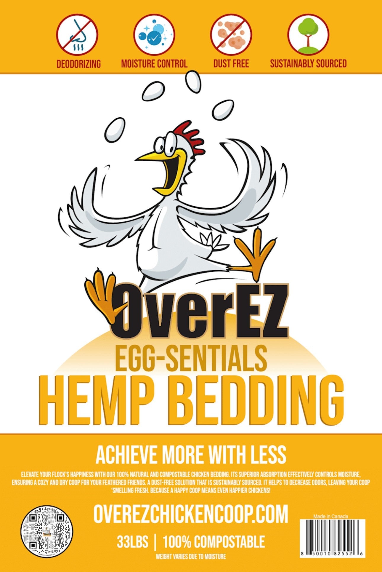 Hatching Time OverEZ. Egg-sentials Hemp Bedding Infographic shows deodorizing moisture control that is dust free and sustainably sourced.