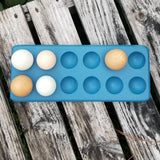 Hatching Time. Henlay Decorative Blue Egg Tray shown on bench with 5 eggs on tray.