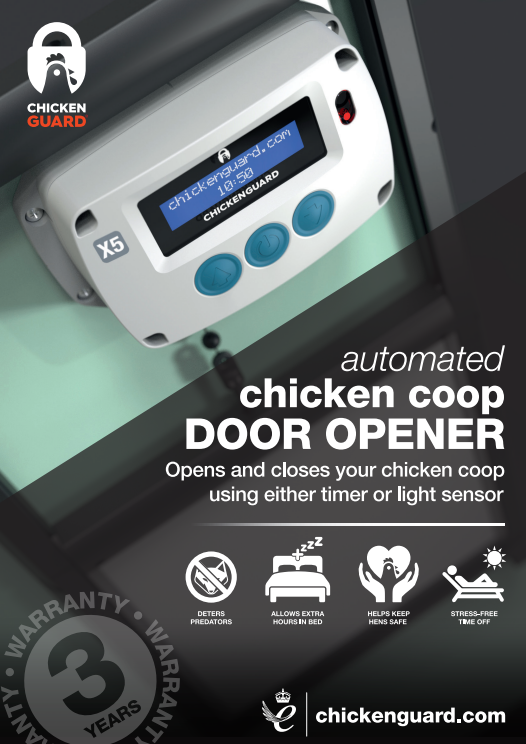 Hatching TIme. ChickenGuard Pro with Self-Locking Door Kit shown with infographic showing 3 year warranty and features.