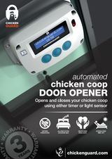 Hatching TIme. ChickenGuard Pro with Self-Locking Door Kit shown with infographic showing 3 year warranty and features.