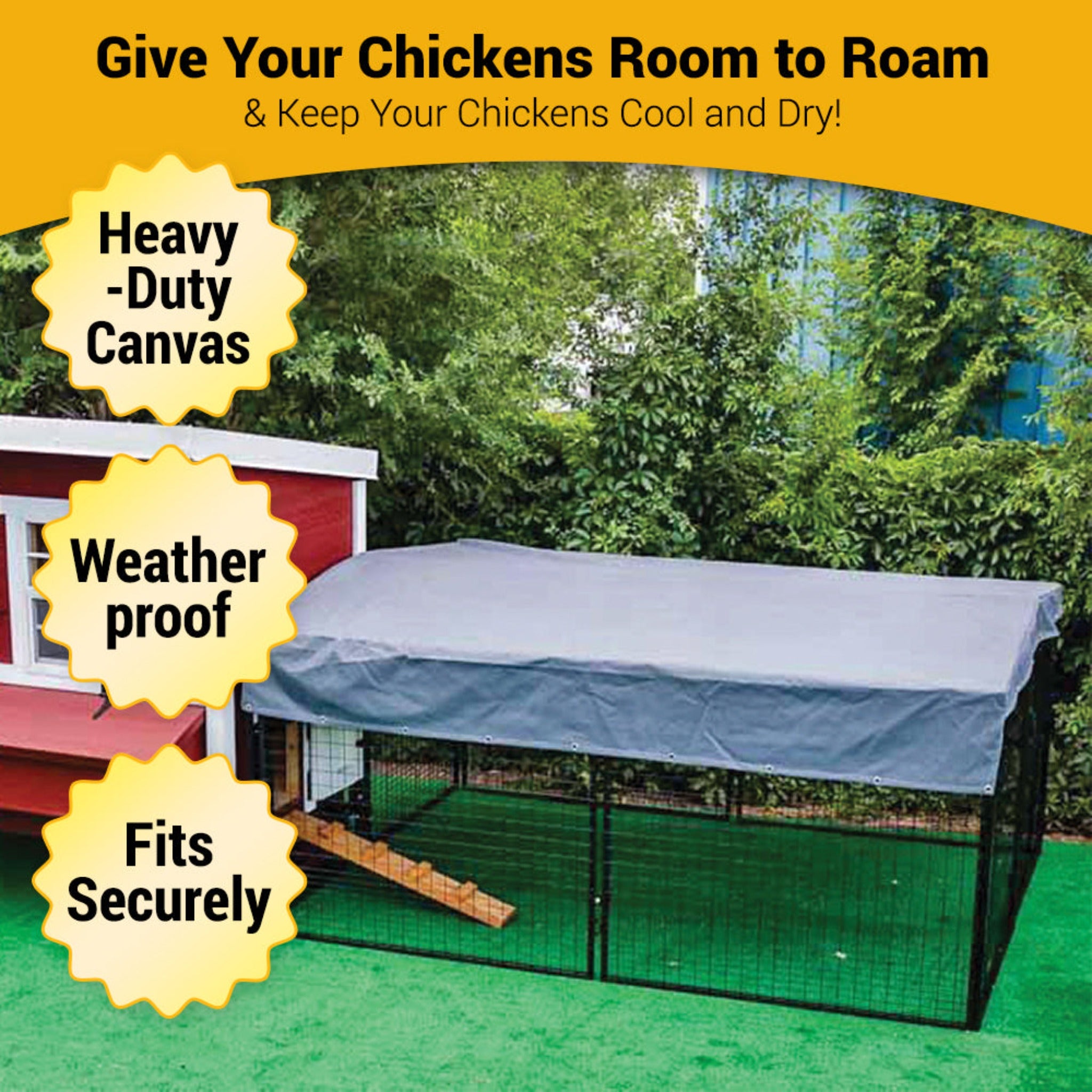 Hatching Time OverEZ. 8 FT tarp seen in image to cover 8ft chicken run. Text reads Heavy-duty canvas, weather proof and fits securely.