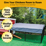 Hatching Time OverEZ. 8 FT tarp seen in image to cover 8ft chicken run. Text reads Heavy-duty canvas, weather proof and fits securely.