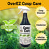 Hatching Time OverEZ Coop Care. Spray bottle can be seen in image in front of grass. Text reads Coop cleanser, deodorizer, infection preventative and 100% organic.