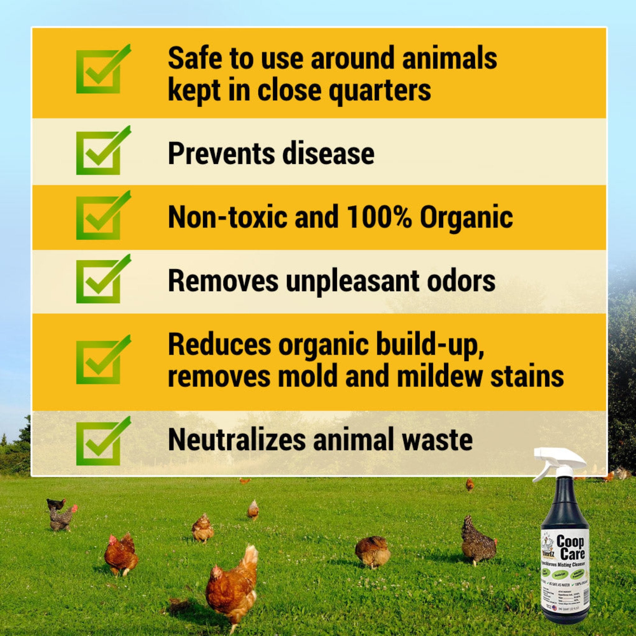 Hatching Time OverEZ Coop Care. Spray bottle can be seen in image. Infographic shows Safety of using Coop care.