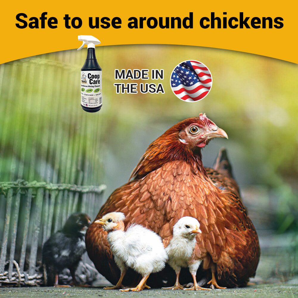 Hatching Time OverEZ Coop Care. Spray bottle can be seen in image. A chicken and 3 chicks can be seen in image.