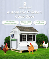 Hatching TIme. Automatic chicken coop solar door can be seen installed on the side of a chicken coop. There are 3 chickens roaming around the chicken coop in a garden.