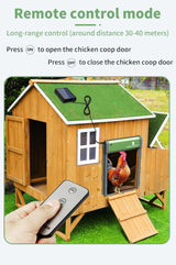 Hatching Time. Automatic Solar Coop door can be seen installed on chicken coop a hand holding the remote control to open and close the coop door.