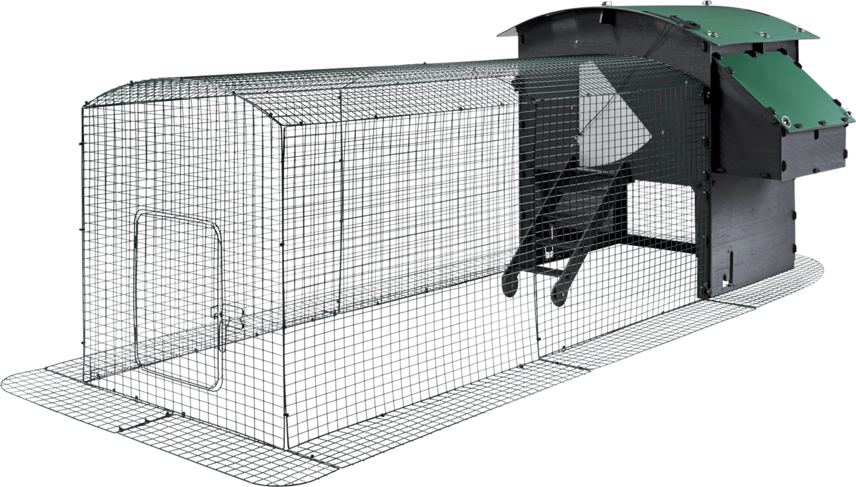 Hatching Time Nestera. Large chicken run extension can be seen connected to large raised chicken coop.