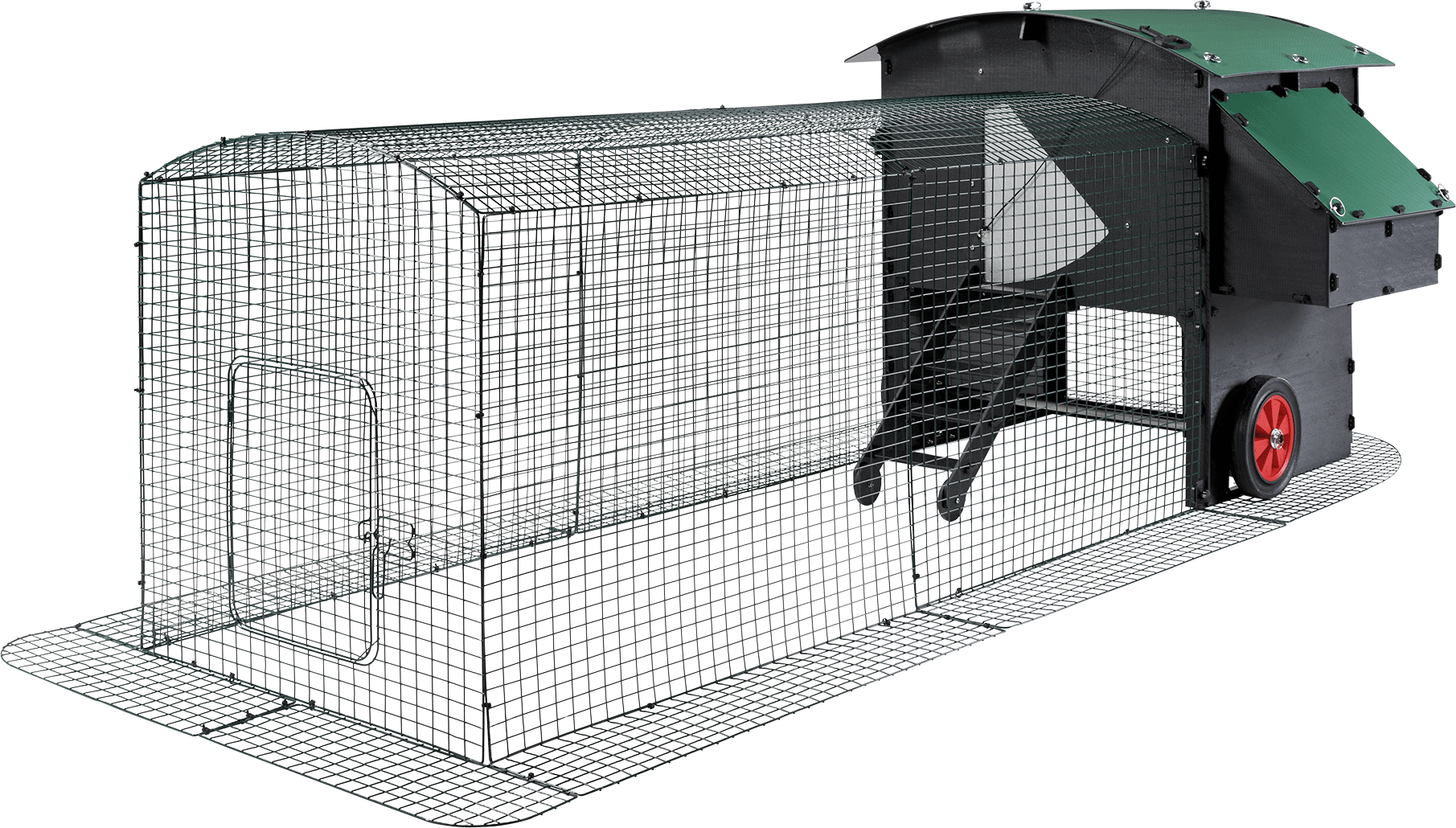 Hatching Time Nestera. Large chicken coop extension can be seen attached to raised chicken coop on wheels.