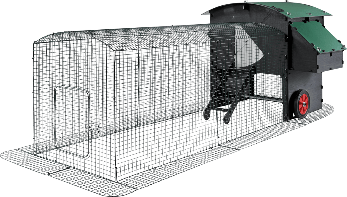Hatching Time Nestera. Large chicken coop extension can be seen attached to raised chicken coop on wheels.