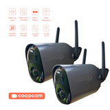 Two smart coop security cameras with features listed on a white background