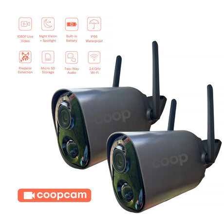Two smart coop security cameras with features listed on a white background