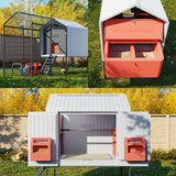 Collage of Coop chicken coops in various settings with trees and grass.