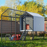 Hatching Time Smart Coop. Chicken coop and run with a chicken inside can be seen on grass.