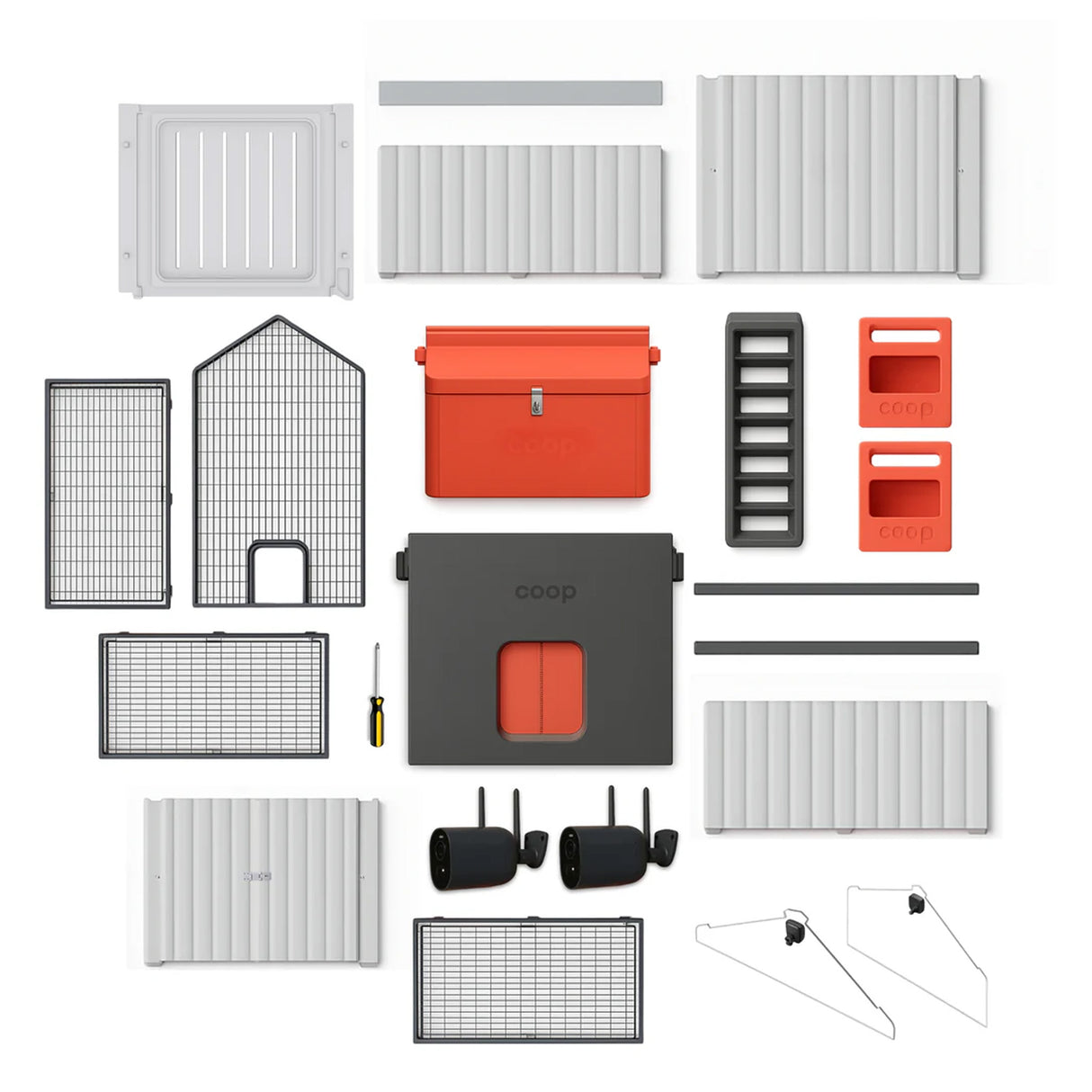 Collection ofHatching Time Smart Coop components including panels, doors, and accessories on a white background.