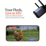 CoopCam device with smartphone displaying live footage of chickens, text 'Your Flock, Live in HD'.