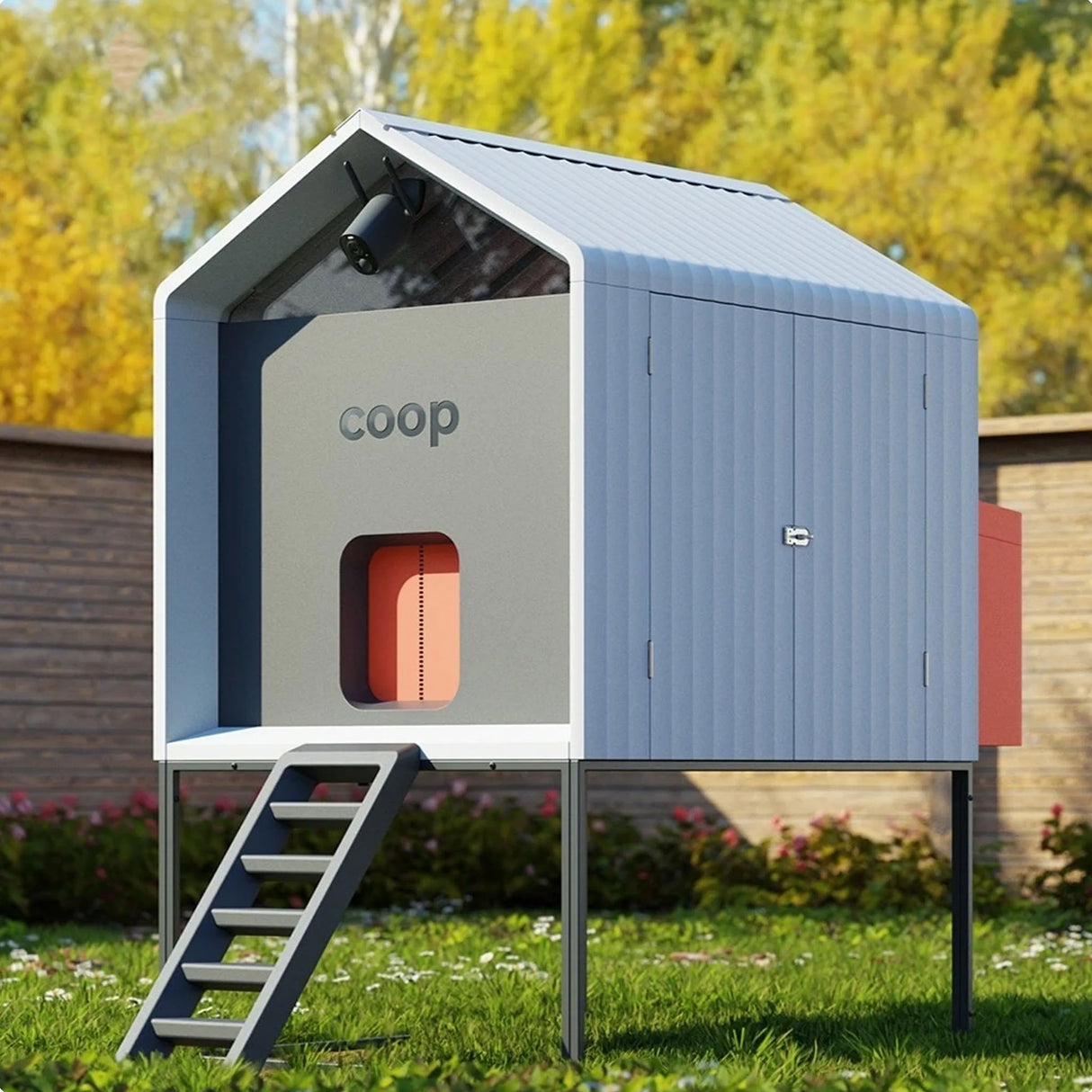 Hatching Time Smart Coop. Chicken coop can be seen on stand with ladder going up to door on grass.