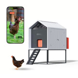 Hatching Time Smart Coop. A chicken coop can be seen on a raised stand. camera feed can be seen on cellphone of chicken.