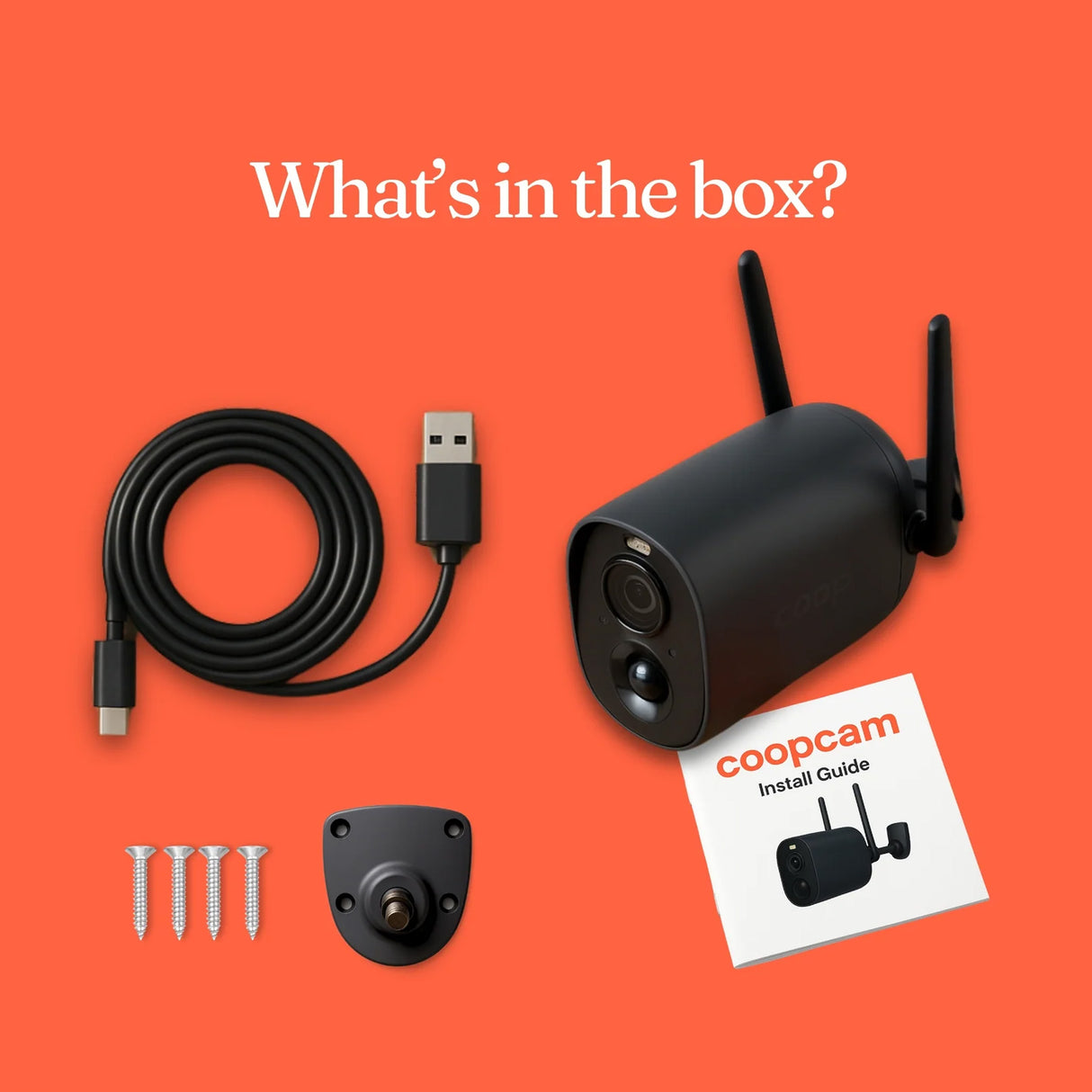 Coopcam security camera system with cable, USB stick, screws, and installation guide on an orange background.