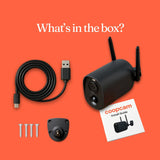 Coopcam security camera system with cable, USB stick, screws, and installation guide on an orange background.