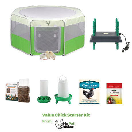 Hatching Time Value Chick Starter Kit  from My Pet Chicken is shown including: Pop Up Brooder, heating plate, black soldier fly larvae, feeder, drinker, handbook and vitamins.