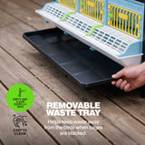 Close-up of black removable waste tray sliding out beneath a Cimuka poultry grow-out pen for collecting droppings and simplifying cleaning.