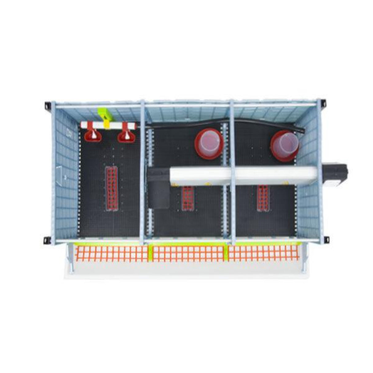 Hatching Time Cimuka top view of brooder can be seen with no roof. Interior shows chick floor mats on floor, 2 starter drinkers, 3 starter feeders, wall mounted drinker setup and heater through brooder. Exterior shows Feeding Trough.