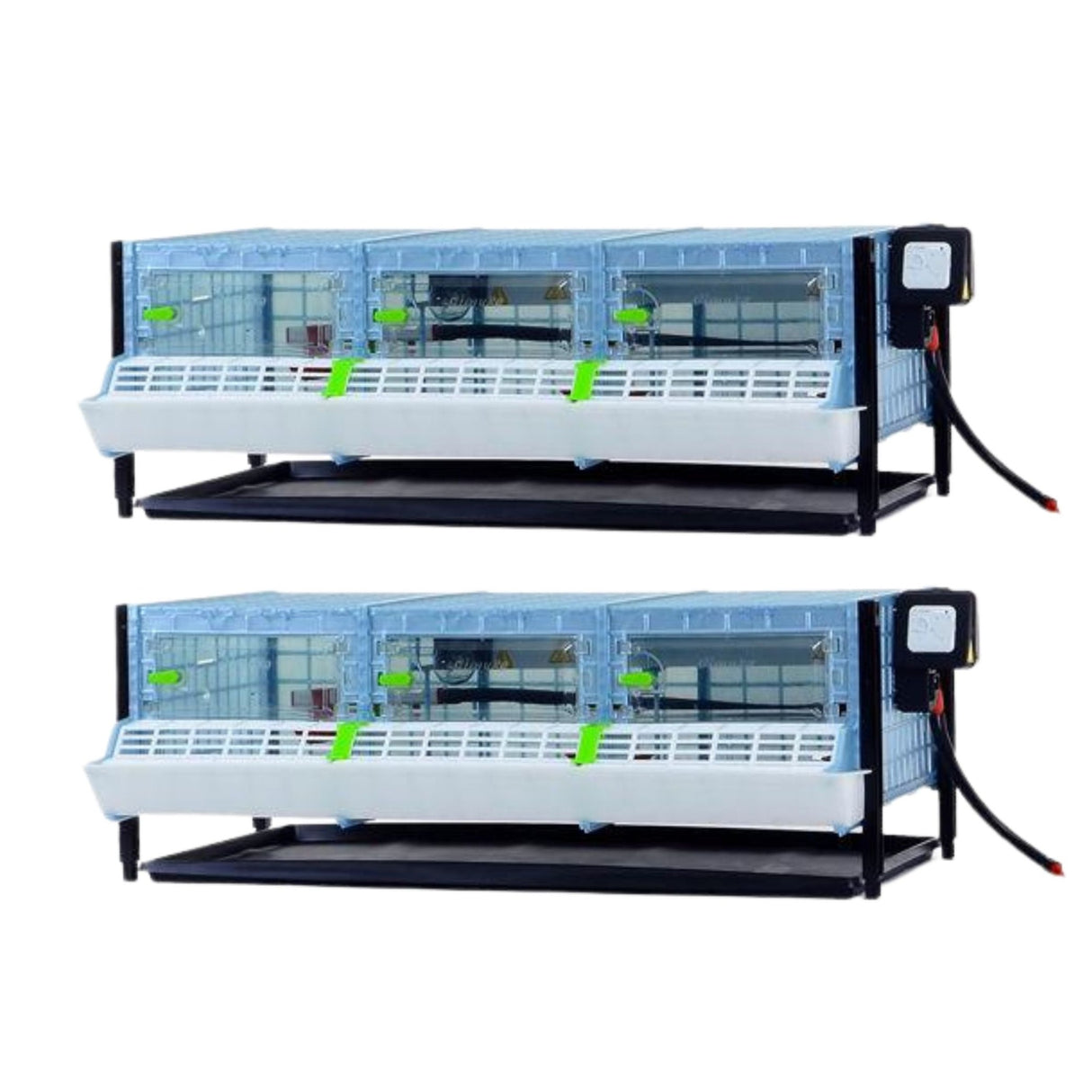 Chick Brooder - Double Layer Additions. Stackable brooders shown with feeding troughs, manure trays and metal frames shown. 