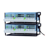 Hatching Time Cimuka 9.5 Inch Brooders front. Clear plastic doors shown, feeding troughs and manure trays visible. Heater thermostat seen on side of brooder.