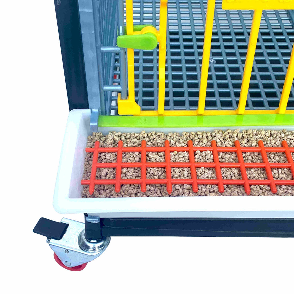 Hatching Time Cimuka 15" grow out pen GL40 feeding trough can be seen in image with smart feeder grill on top of full trough.