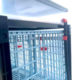 Hatching Time Cimuka. GL40 15" Grow out pen. Side view of grow out pen showing 2 gallon water reservoir tank for automatic drinker system.