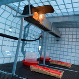 Hatching Time Cimuka Interior of 15 inch brooder shown highlighting heater. Floor mats visible, starter feeder visible as well as starter drinker.