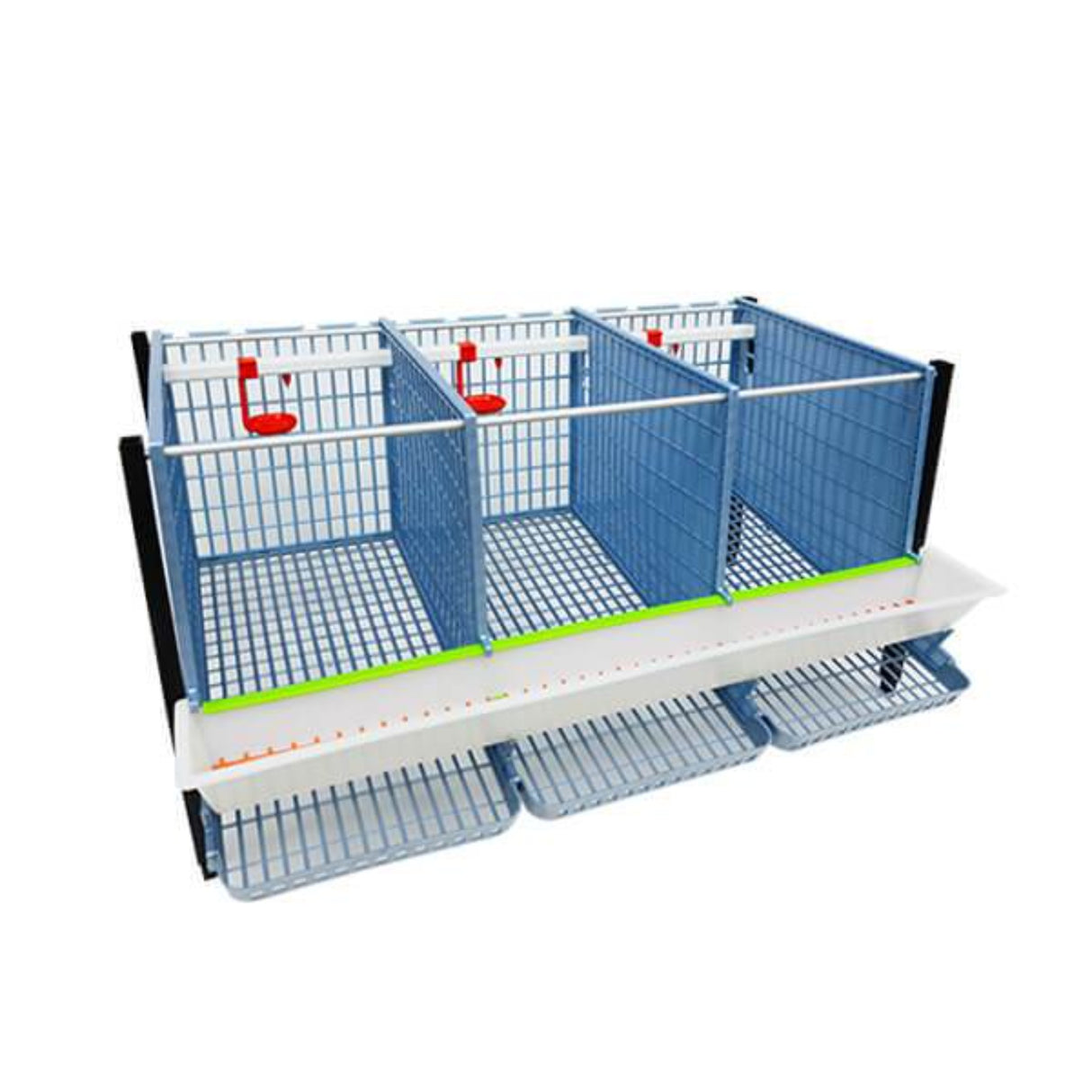 Hatching Time Cimuka. TYK40 15” Chicken cage 3 layer. Image shows chicken cage from angle and above. Roof and front walls are removed to show inside of cage. Roll out egg trays can be seen on front under feeding trough. Automatic drinker system is seen on back wall of cage.
