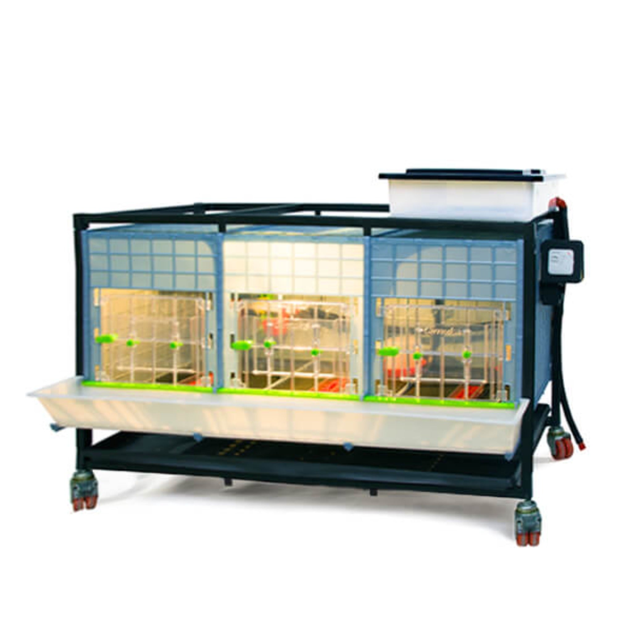 Hatching Time Cimuka 1 Layer 15 Inch Brooder front visible with light on. Feeding trough is located on front of brooders. Clear plastic doors with locks can be seen. Heater thermostat visible on side of brooders. Brooders are on Metal frame with rolling casters for mobility.