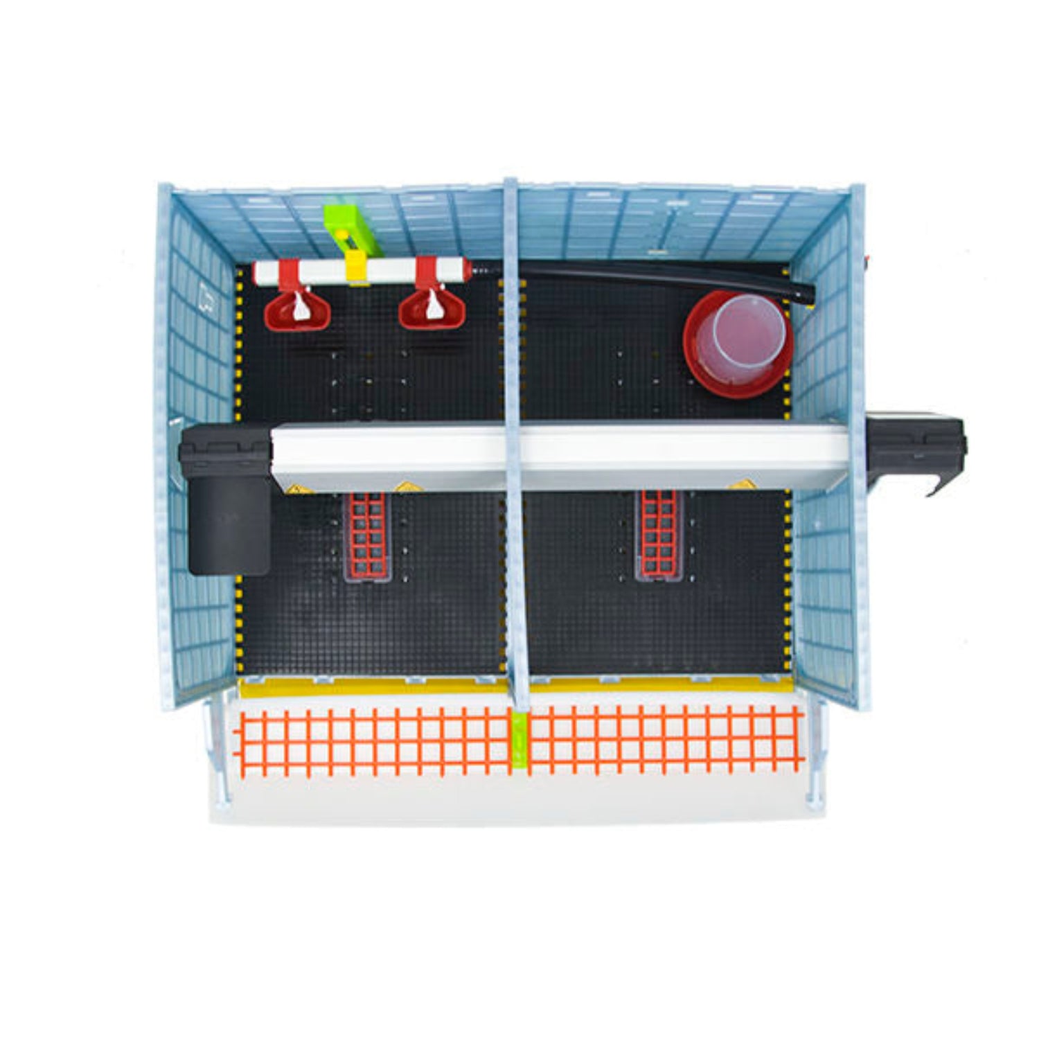 Top View - CB25 2 Section 9.5 inch Chick Brooder - Cimuka - Hatching Time. Interior view shows chick mat on floor, 2 starter feeders 1 starter drinker and 2 wall mounted drinkers inside of setup. Heater can be seen inside of brooder setup.