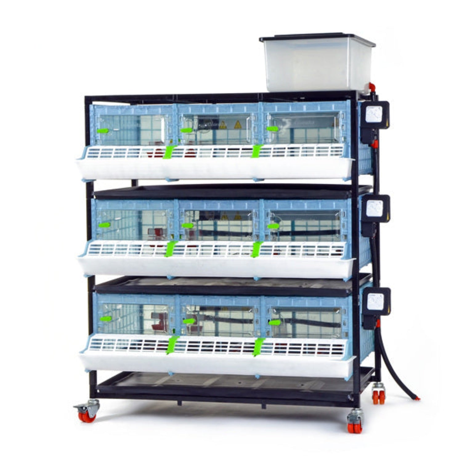 Hatching Time Cimuka Chick Brooder - 3 layer Height 9.5 inches Front of brooder stack shown with water tank on top. heater thermostat visible on each layer for optimal temperature control. Locking doors, manure trays  and feeding troughs visible on brooders. Brooders are on metal frame with rolling casters for optimized mobility.