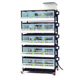 Hatching Time Cimuka 5 Layer 9.5 Inch Brooder front visible. Feeding trough is located on front of brooders. Clear plastic doors with locks can be seen. Heater thermostat visible on side of brooders. Brooders are on Metal frame with rolling casters for mobility.