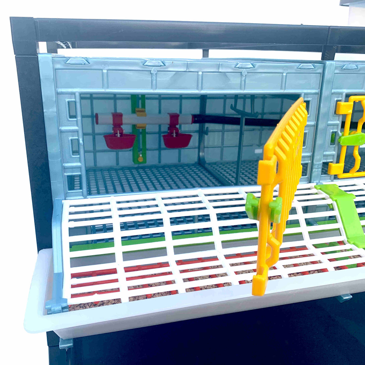 Hatching Time Cimuka Open door on 9.5" Grow out pen shows interior floorplan with drinker cups mounted on back wall of grow out pen. Feeding trough with cover is on front of the pen.