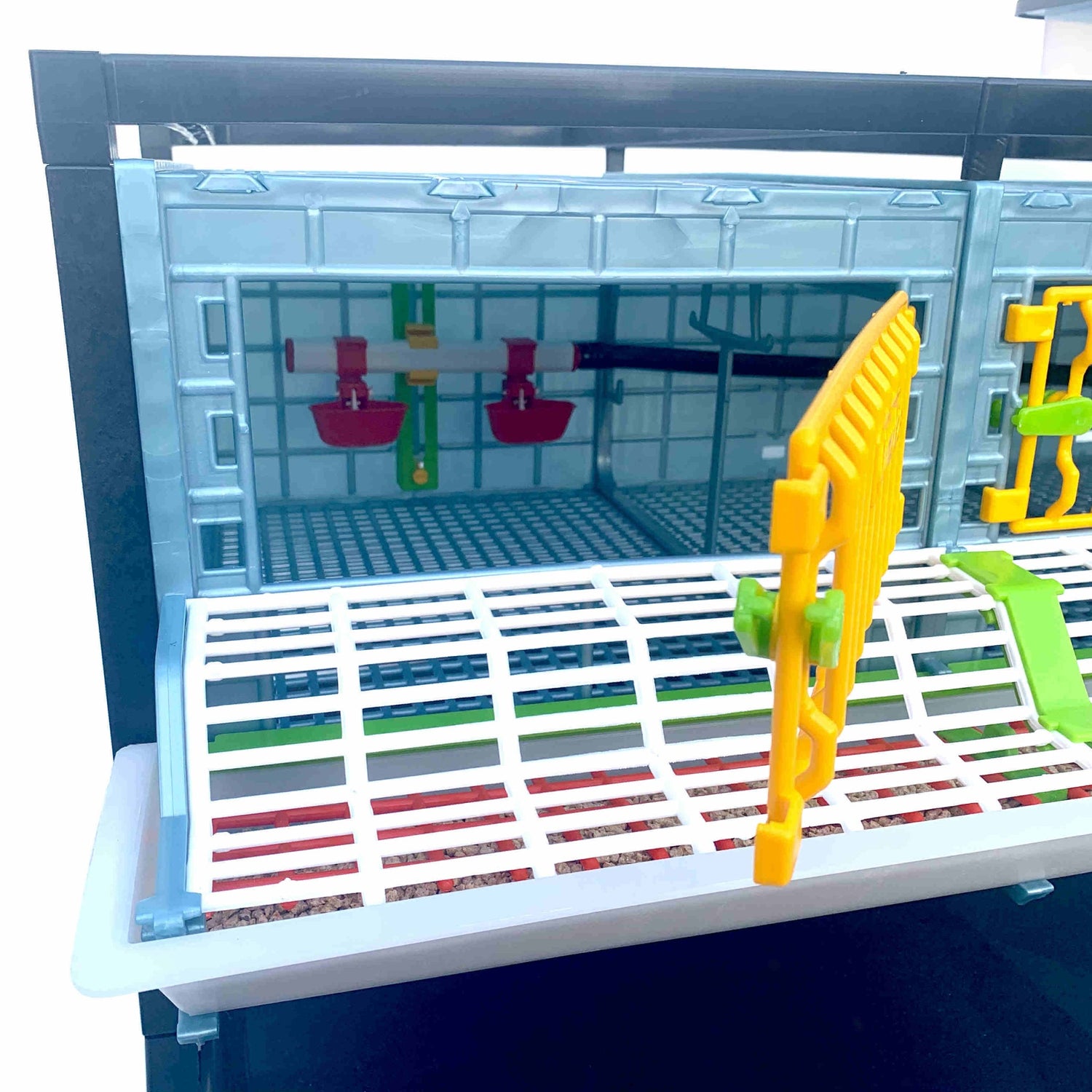 Hatching Time Cimuka GL25 9.5" Grow out Pen can be seen with door open to show open floor plan. Feeding trough can be seen on front of cage. Automatic Drinker system is attached to walls for ease of access.