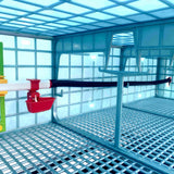 Hatching Time Cimuka GL25 9.5” Grow out Pen. Interior view showing automatic drinker system with algae-free hoses shown on hangers on the wall of grow out pen attached to drinker cup..