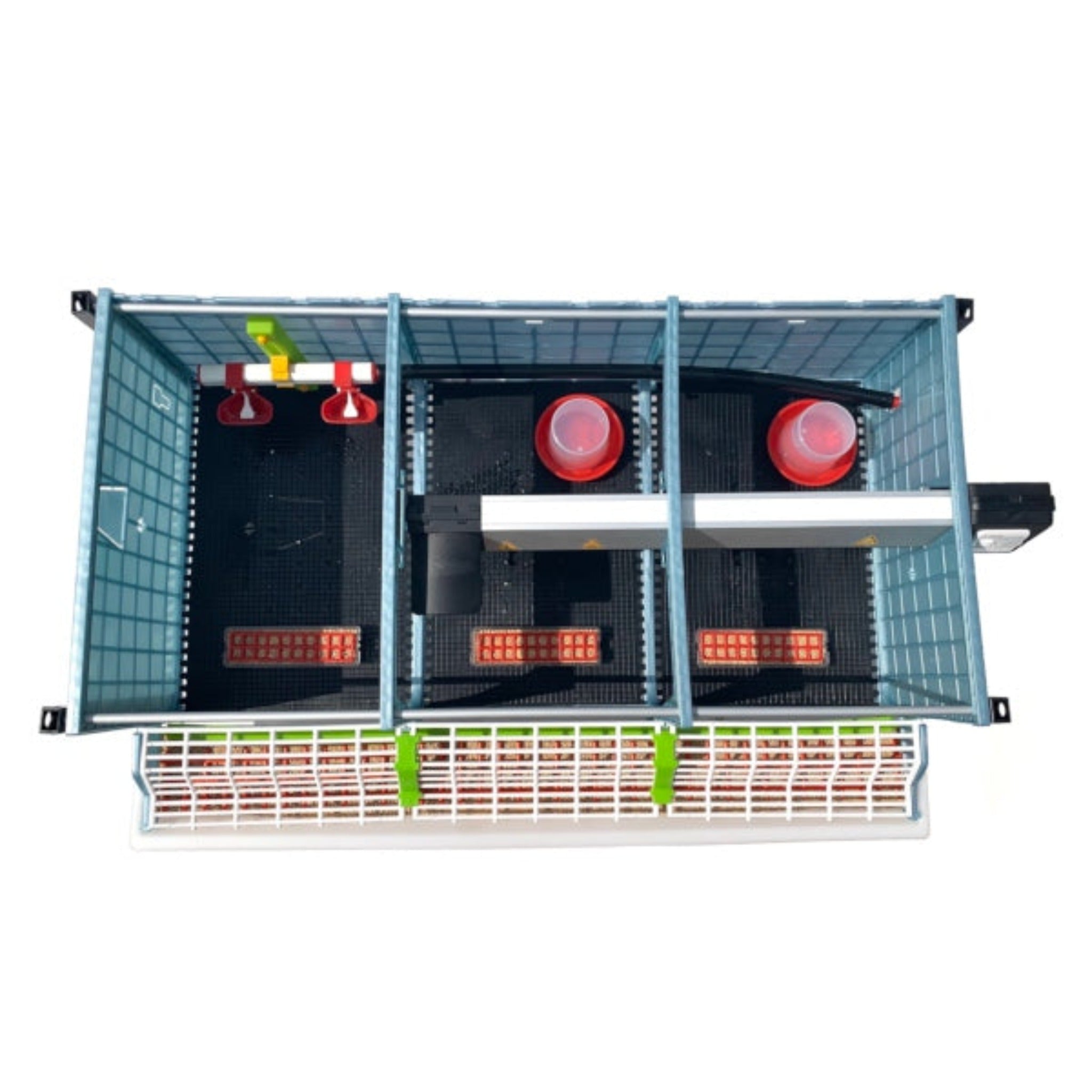 Hatching Time Cimuka Chick Brooder Overview - 9.5 inches -  top view of brooder can be seen with no roof. Interior shows chick floor mats on floor, 2 starter drinkers, 3 starter feeders, wall mounted drinker setup and heater through brooder. Exterior shows Feeding Trough.