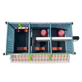 Top view of 9.5 inch Chick Brooder - Cimuka - Hatching Time. Interior visible with roof off. 2 starter drinkers visible, 3 starter feeders visible. Heater element visible through brooder. Drinker cups on wall visible.
