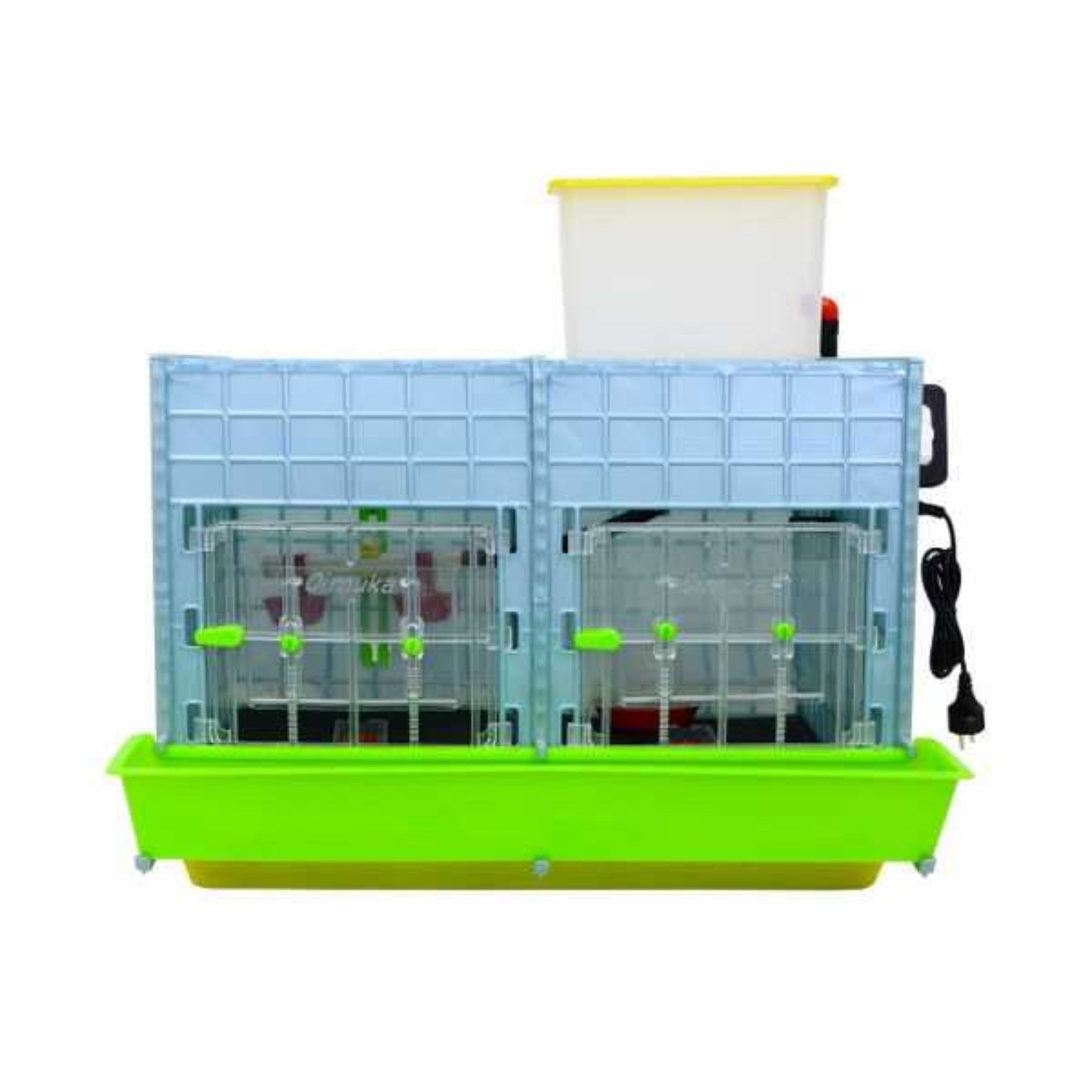 Hatching Time Cimuka Front facing CB40 2 Section 15 inch Chick Brooder Front showing closed clear plastic doors with locks, water tank is on top of the brooder for drinker system. Green feeding trough mounted to front of brooder.