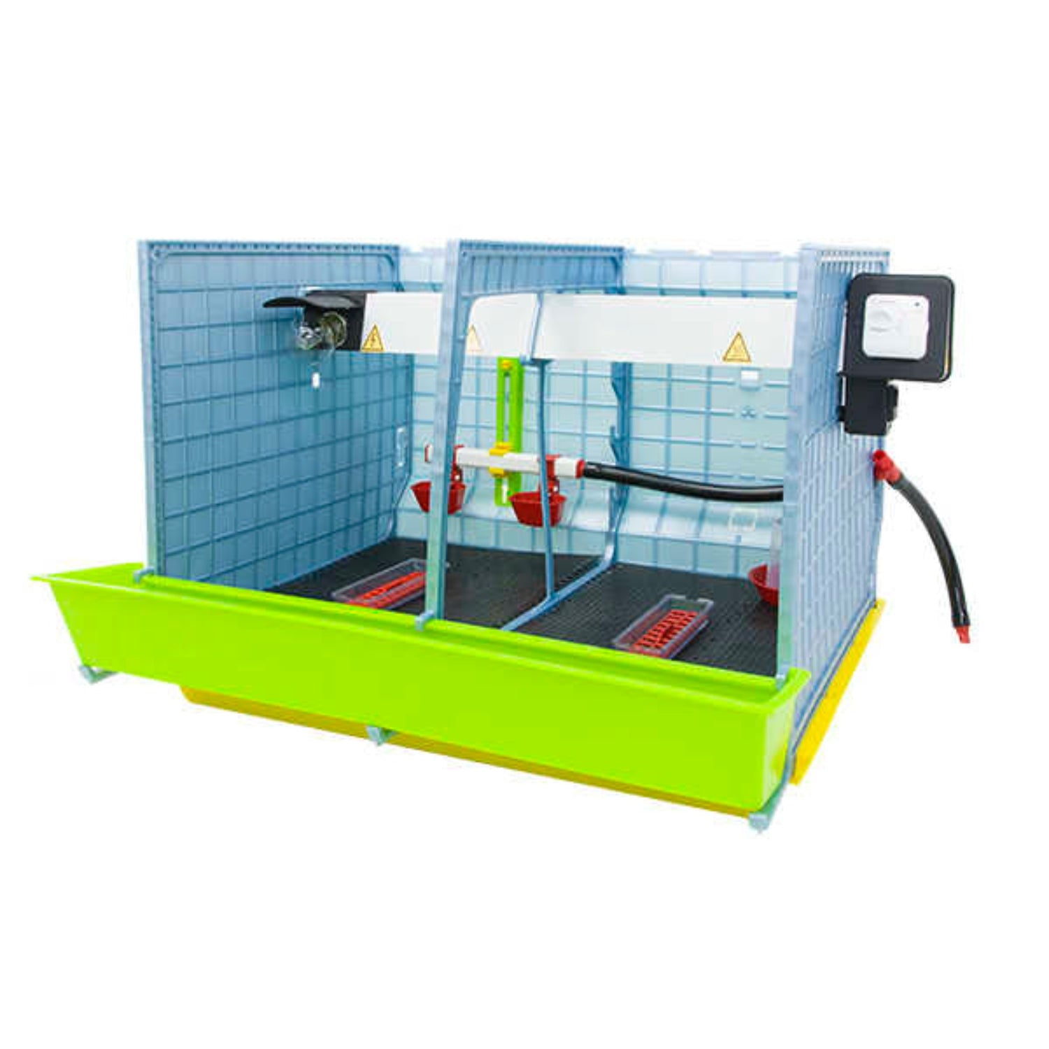 Hatching Time Cimuka chick brooder with roof off. Interior of brooder can be seen, heater can be seen inside, adjustable wall mounted drinker system, 2 starter feeders, and feeding trough can be seen. Thermostat on side of brooder is visible.