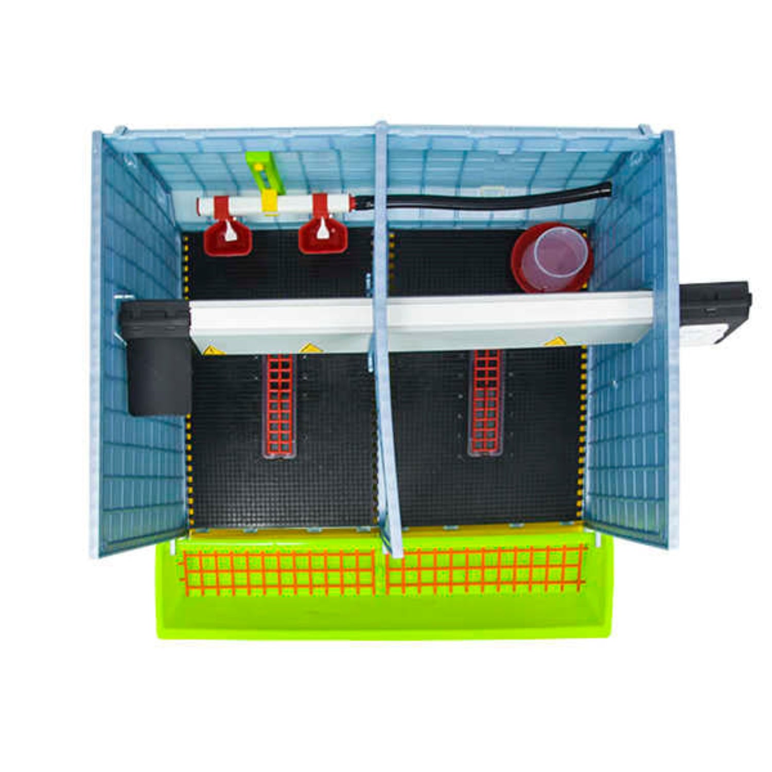 Hatching Time Cimuka - CB40 2 Section 15 inch Chick Brooder overhead view with roof off. Interior shows 2 starter feeders, adjustable wall mounted drinkers, starter drinker and chick floor mats. Heater runs through the inside of the enclosure. Green feeding trough mounted on front of brooder.